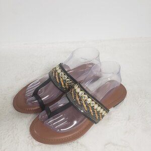 Palms Black Tapestry Metallic Boho Beach Thong Flat Sandal Size 9